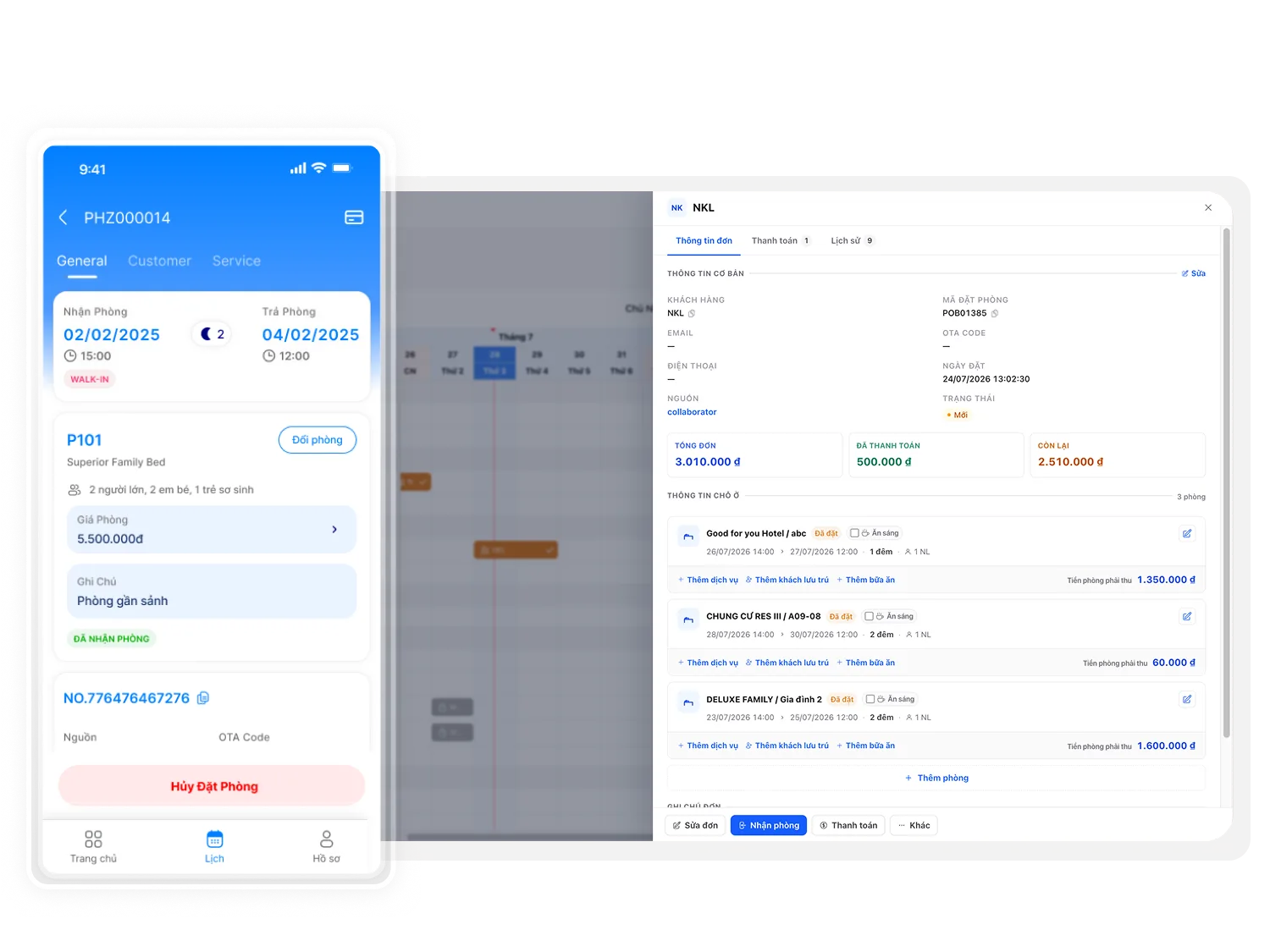 Giao diện chi tiết đơn đặt phòng GoHost trên web và app