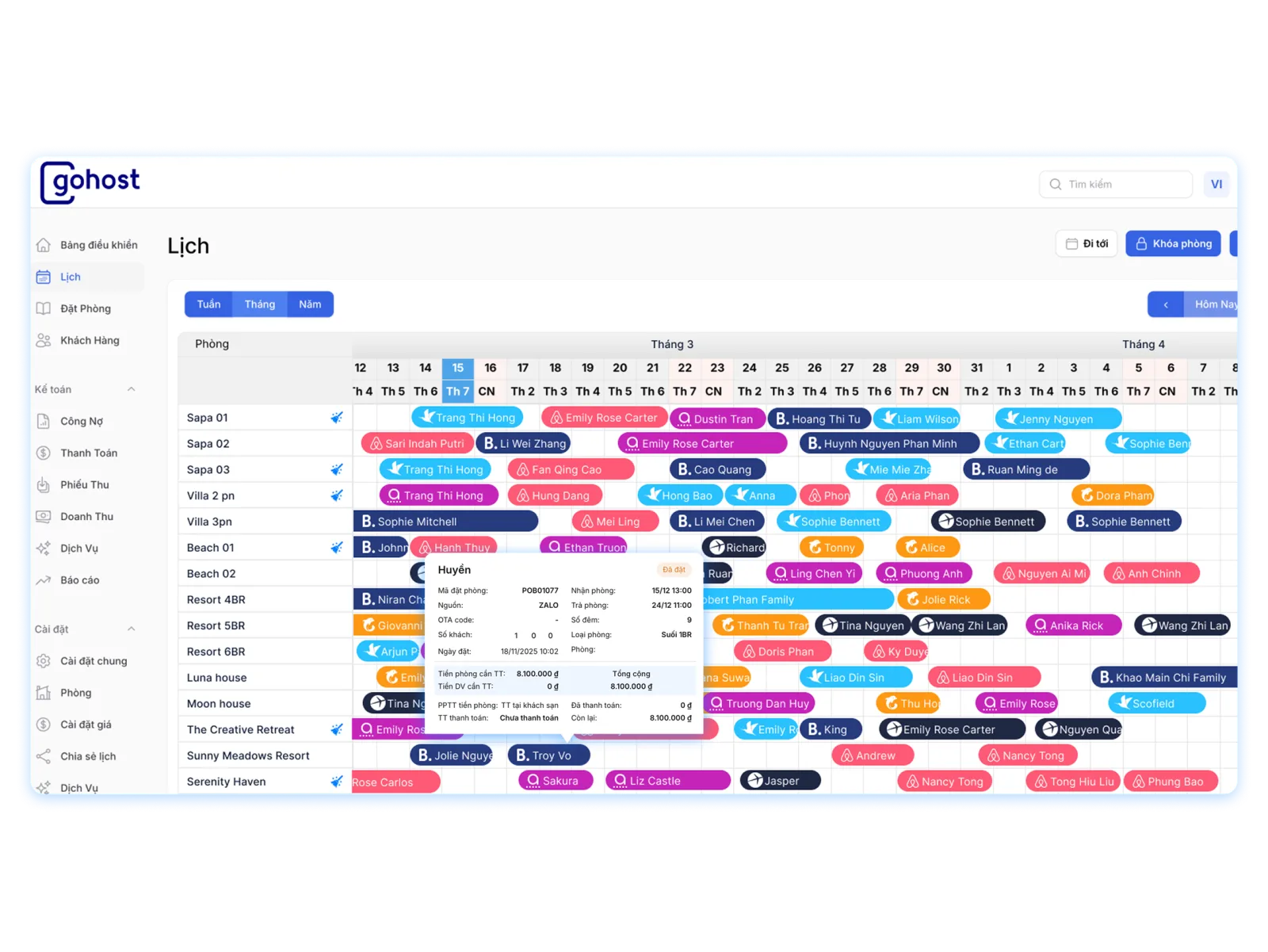 Lịch đặt phòng chung của GoHost hiển thị nhiều booking từ các kênh OTA