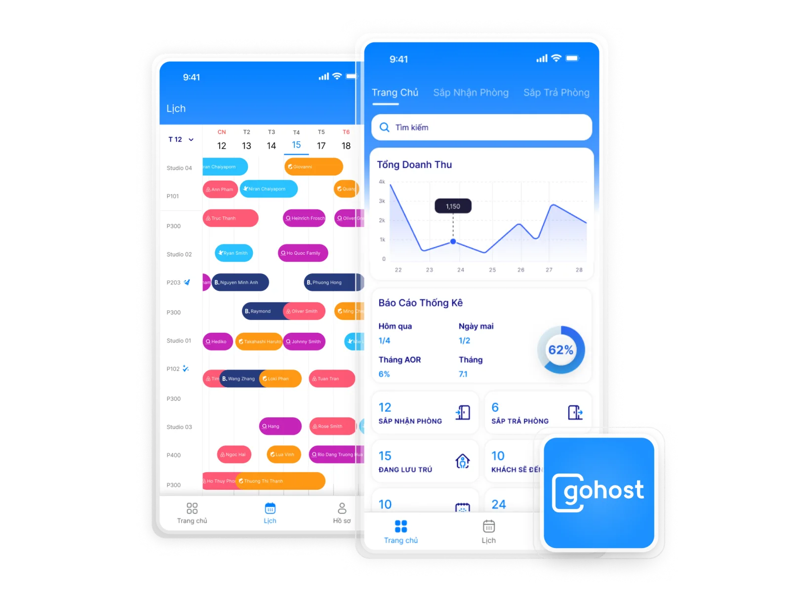 App GoHost trên điện thoại với lịch đặt phòng và màn hình tổng quan