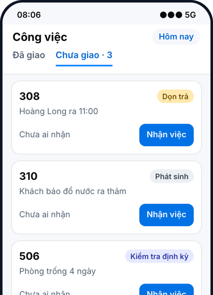 App buồng phòng: danh sách việc chưa giao với nút Nhận việc