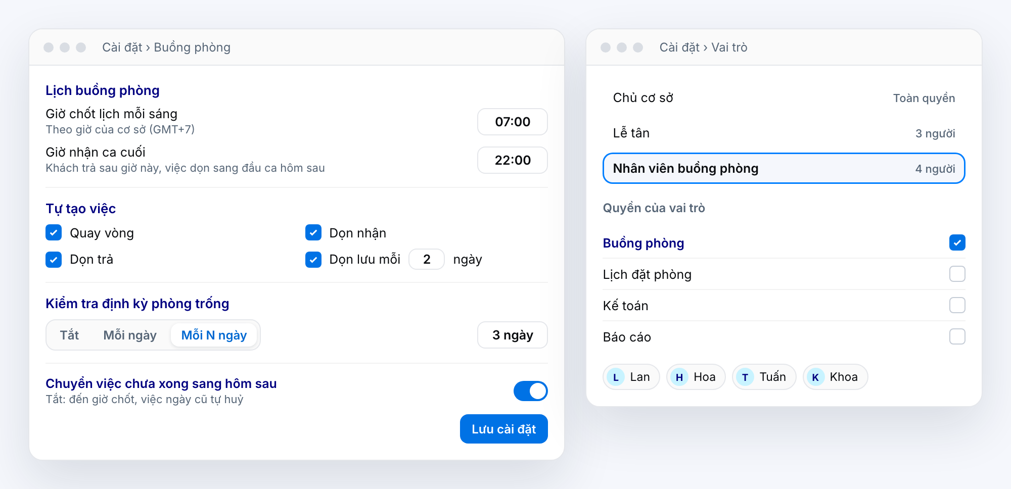 Màn Cài đặt Buồng phòng: giờ chốt lịch, loại việc, kiểm tra định kỳ, chuyển việc chưa xong; màn Vai trò gán quyền Buồng phòng