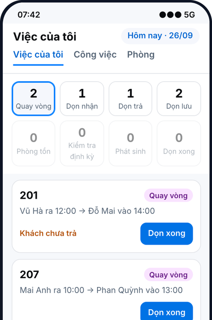 App buồng phòng GoHost: màn Việc của tôi đếm việc theo từng loại